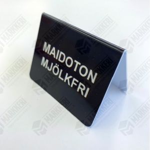 Pöytäkilpi MAIDOTON, 54mm (leveys) x 40mm (korkeus) teksti suomeksi ja ruotsiksi. 3 kpl / ps